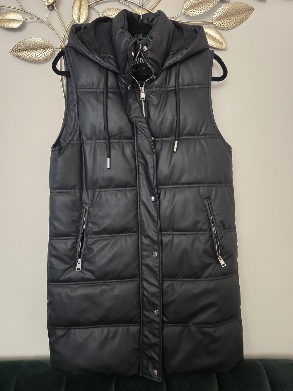 Zara Faux Leather Black Quilted Sleeveless Hooded Puffer Vest Size S